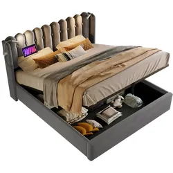 Polsterbett 160x200 cm mit Leselicht und Ladefunktion – Graues Samt-Design mit praktischen Funktionen und Stauraum