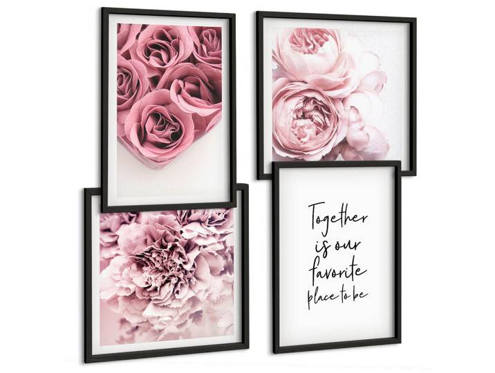 Tulup Bilder SET 4er Set - 50x50 cm & 40x60 cm Schwarzer Rahmen - Blumensträuße mit Rosen, Hausinschrift, Kunststoff, Rechteckig, 50x50 cm, gerahmt, Bilder & Rahmen, Bilder