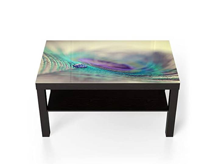 DEQORI Glastisch schwarz groß 90x50 cm Motiv Wasserperle auf Feder ausgefallener Beistelltisch aus Glas Hochglanz Couchtisch fürs Wohnzimmer moderner Couch Tisch mit Design