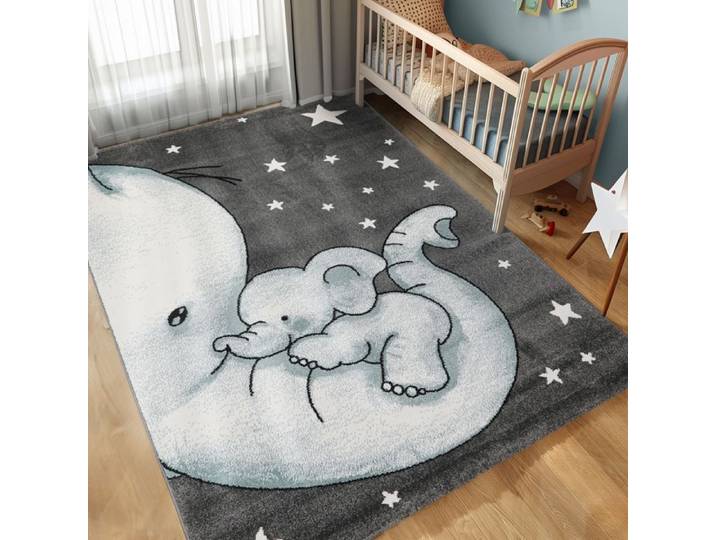 Tapis enfant éléphant et étoiles CARPETTEX - Gris-Blanc-Bleu - 160x230 cm - Synthétique - Intérieur