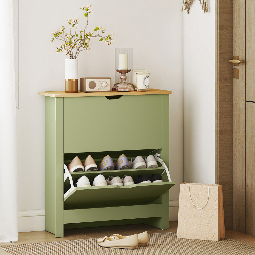 17 Stories HOMCOM 12-Shoe Storage Cabinet 4 Shelves 2 Drawers Tabletop Green 12