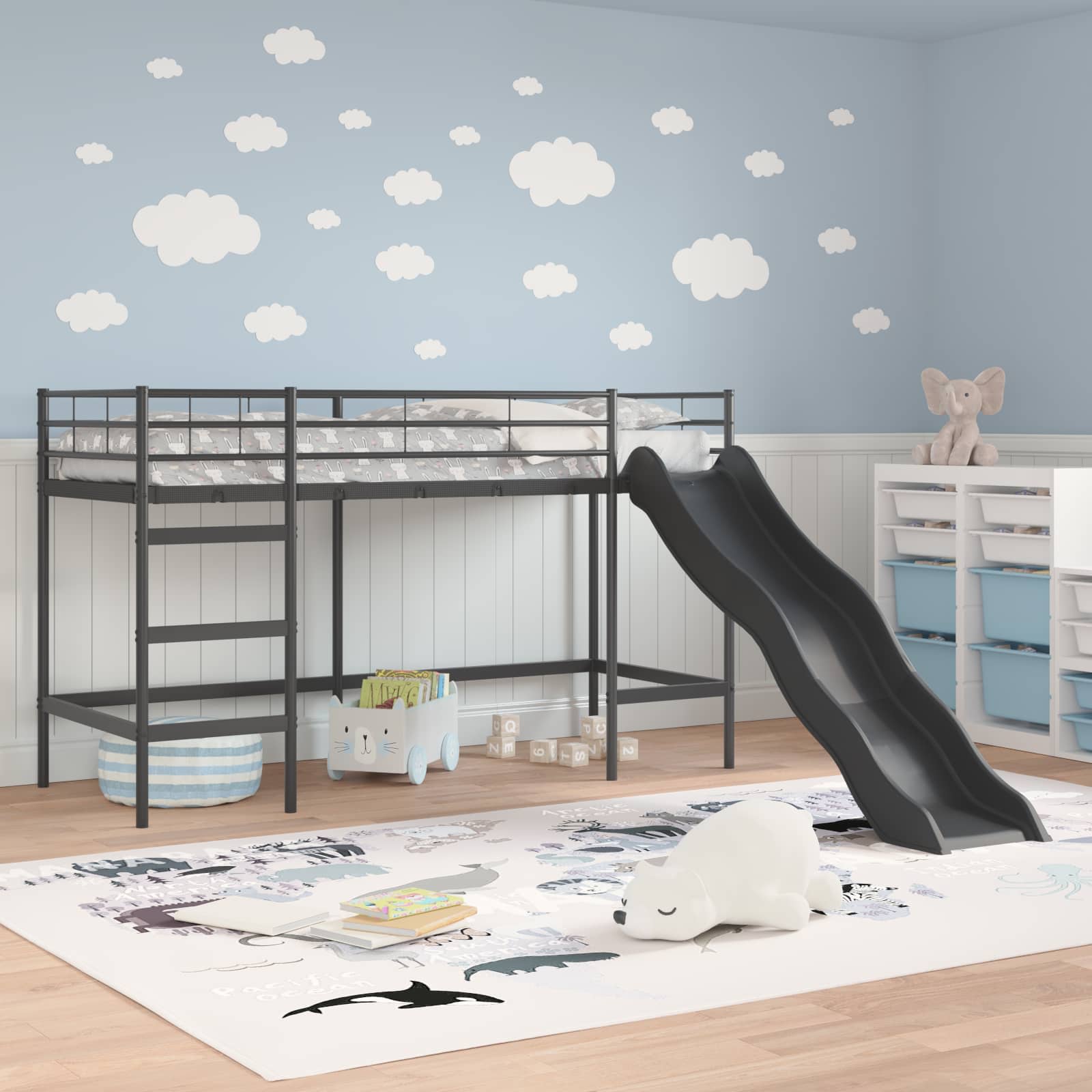 vidaXL Lit superposé pour enfants avec toboggan Noir et anthracite