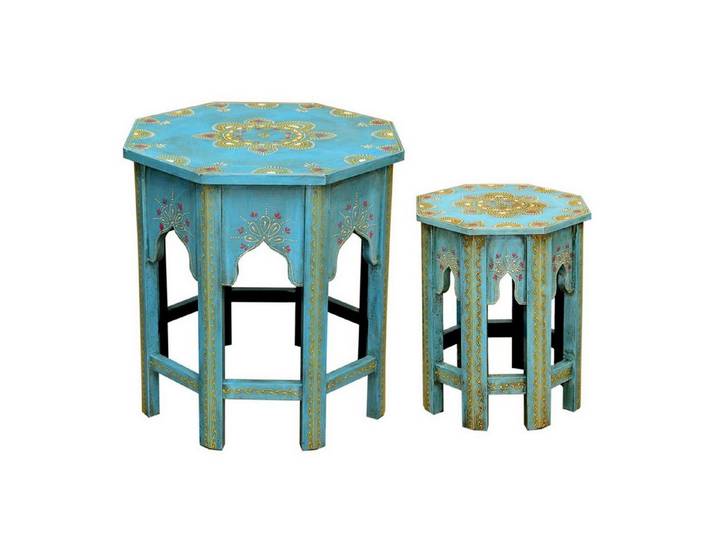 Casa Moro Beistelltisch Orientalische Beistelltische Saada Blau 2er Set aus Massivholz (Set, 2er Set), hamdbemalte Boho Chic Couchtische Shabby Chic Sofatische, MA-32-47