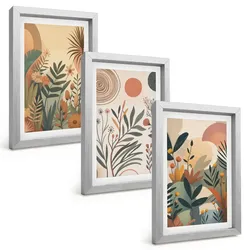 BILDER SET 3er Set - 20x30 cm Silberner Rahmen - Pflanzenmotive in gedeckten Farben
