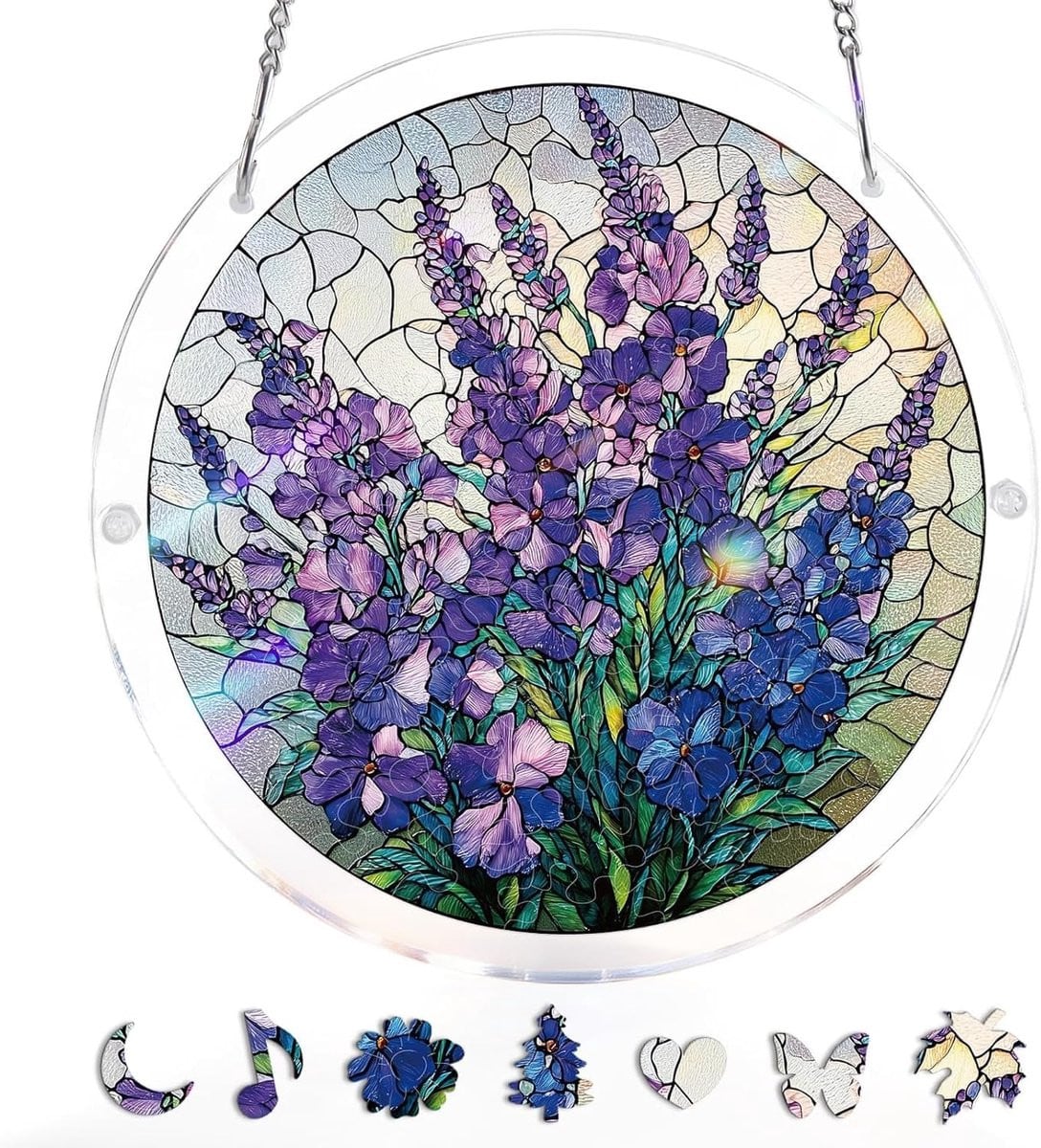 Acryl puzzel raamhanger Violet Design - Glas in lood stijl zonnevanger - Kleurige wanddecoratie met ketting - 19 cm