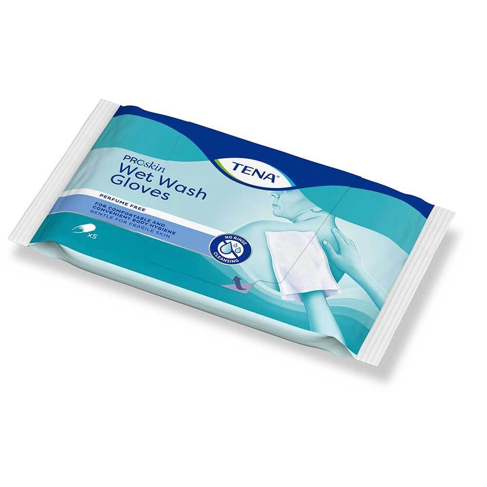 Tena WET Wash Glove parfümfrei 15x23 cm blau 5 St Handschuhe