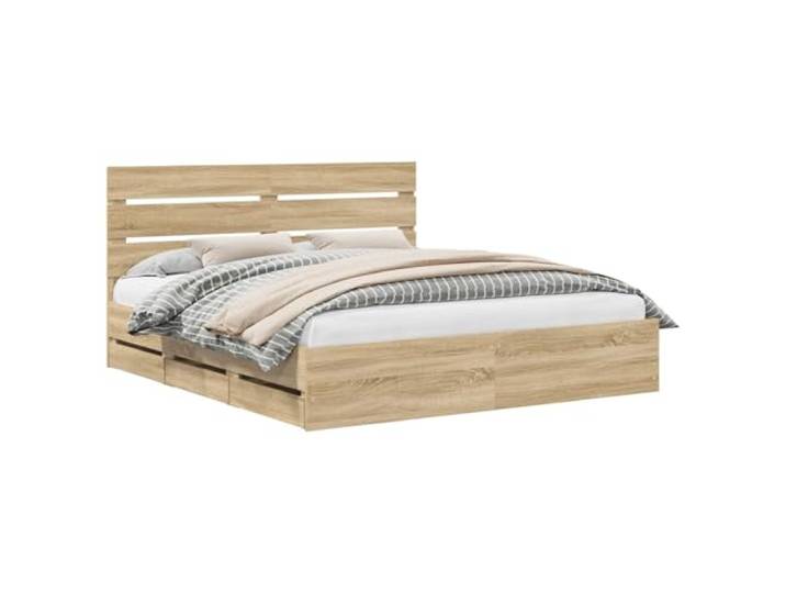 PUGYNBK Bettrahmen Sonoma Eiche 200 x 200 cm Technisches Holz, versteckte Schubladen, feste Lamellen, moderner Stil, einfache Reinigung