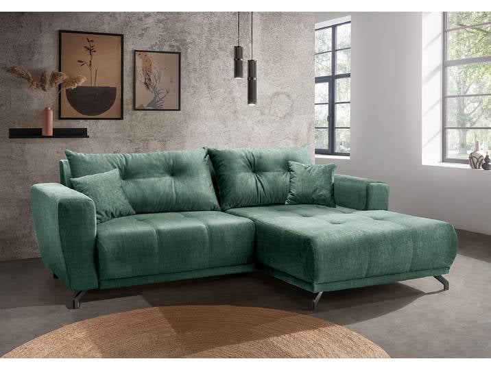 Ecksofa mit Sitztiefenverstellung Blau Samt Josita 246 x 80 x 177cm Longchair davorstehend rechts Modern