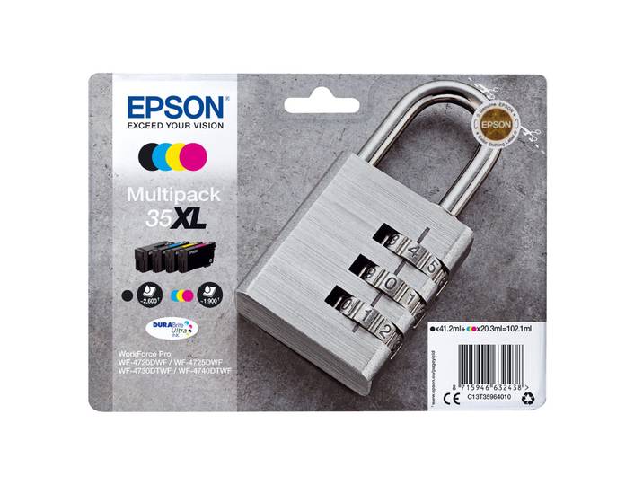 Epson Padlock Encre DURABrite Ultra multipack 4 couleurs Cadenas 35XL, High (L) Yield, Noir, Cyan, Magenta, Jaune, Encre à pigments, 41,2 ml, 20,3 ml,