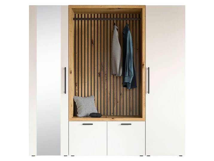 Voleo Garderobe, Weiß, Eiche Artisan, Glas, 216x200x47 cm, Garderobe, Garderoben-Set & Garderoben-Serien, Garderoben-Sets