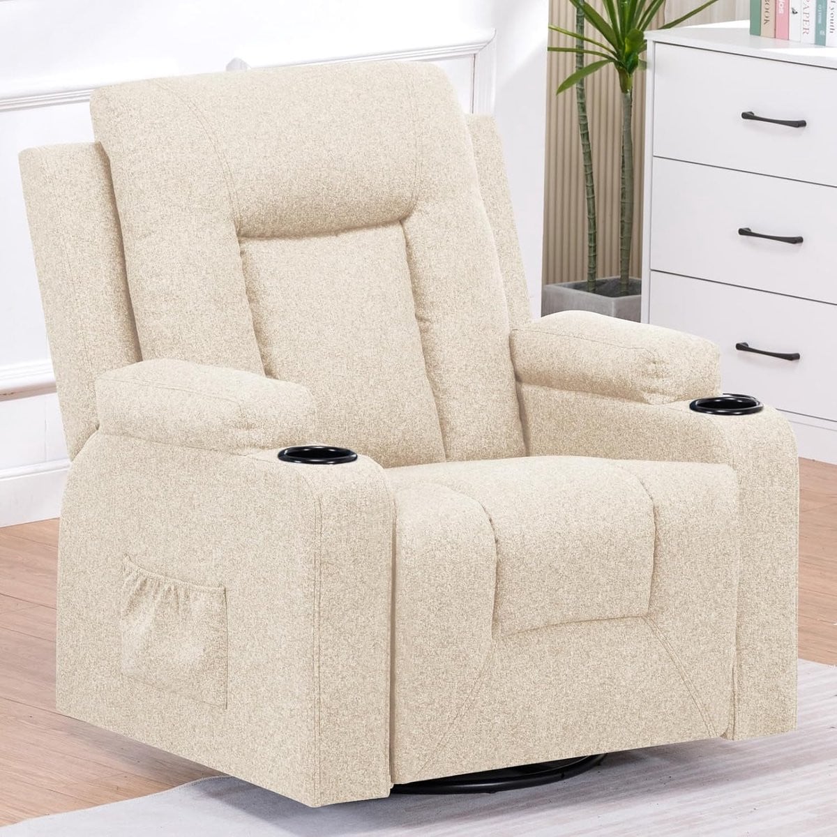 COMHOMA Stoffen Relaxstoel met Verstelbare Rugleuning en 360° Draaibaar - Beige