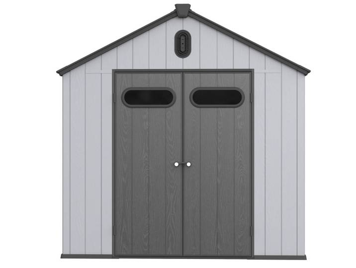 Oxeza Gerätehaus 285/235/231 cm Grau + Weiß mit 2 Türen und eine integrierte Regenrinne, Metall, Uni, Rechteckig, 235x231x285 cm, Gartenzubehör, Geräteschuppen