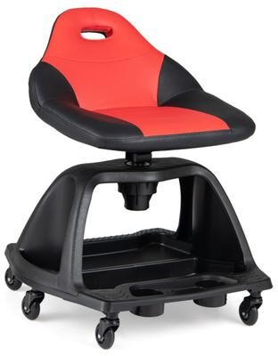 Costway 330 LBS Capacity Garage Mechanic Stool Seat with Backrest 6 Universal Wheels and Tool Tray Storage-Red