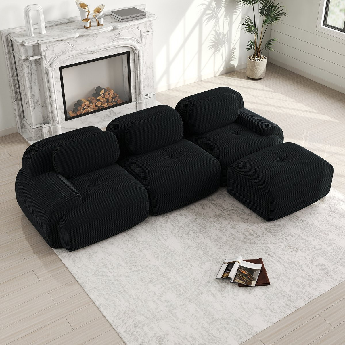 Modulaire Hoekbank Corduroy - 3-Zits Ribfluweel Bank - Zwart