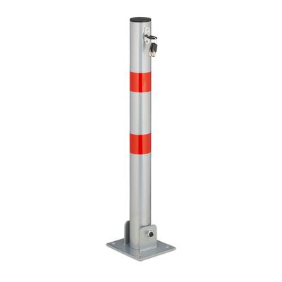 Relaxdays Absperrpfosten, klappbar, Stahl, Sperrpfosten Parkplatz, HxBxT: 65 x 15 x 13 cm, Signalstreifen, silber/rot