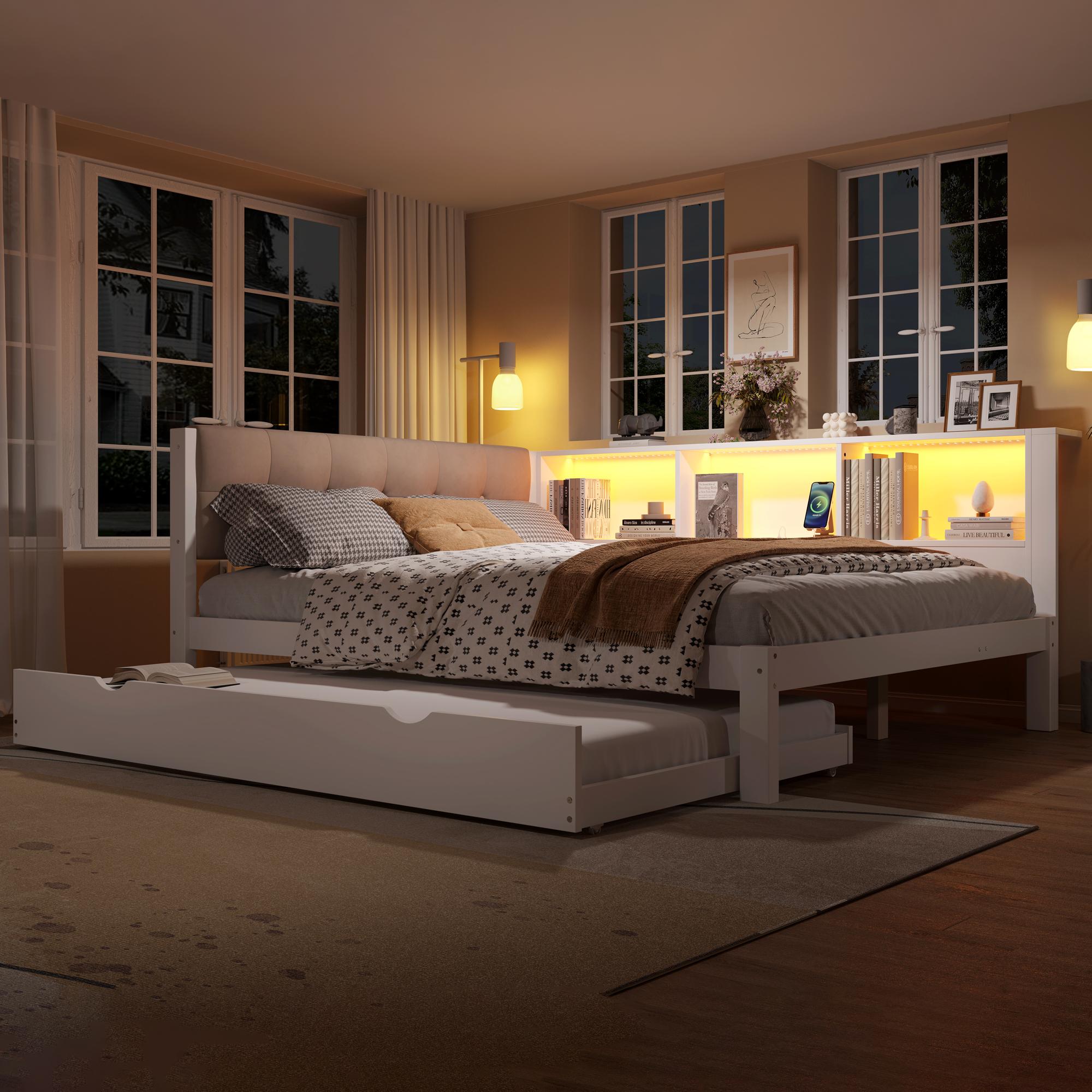 Daybett, Tagesbett, Schlafsofa, 140x200cm, Einzelbett(Ohne Matratze), mit ausziehbarem Bett, mit dimmbarer LED-Leiste, mit praktischem Regal, mit USB-Anschluss, 140x200cm, Kiefernholz, Weiß