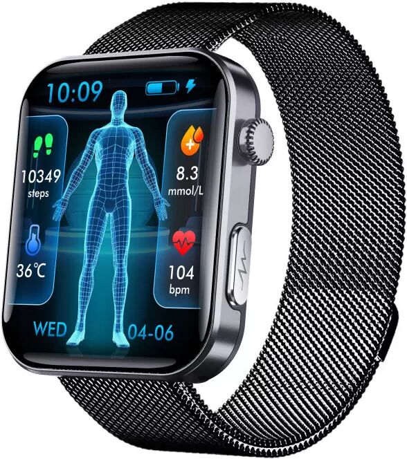 INF Smartwatch – misst Herzfrequenz, Blutdruck, Blutsauerstoff und Schritte Schwarzes Milanaise-Armband