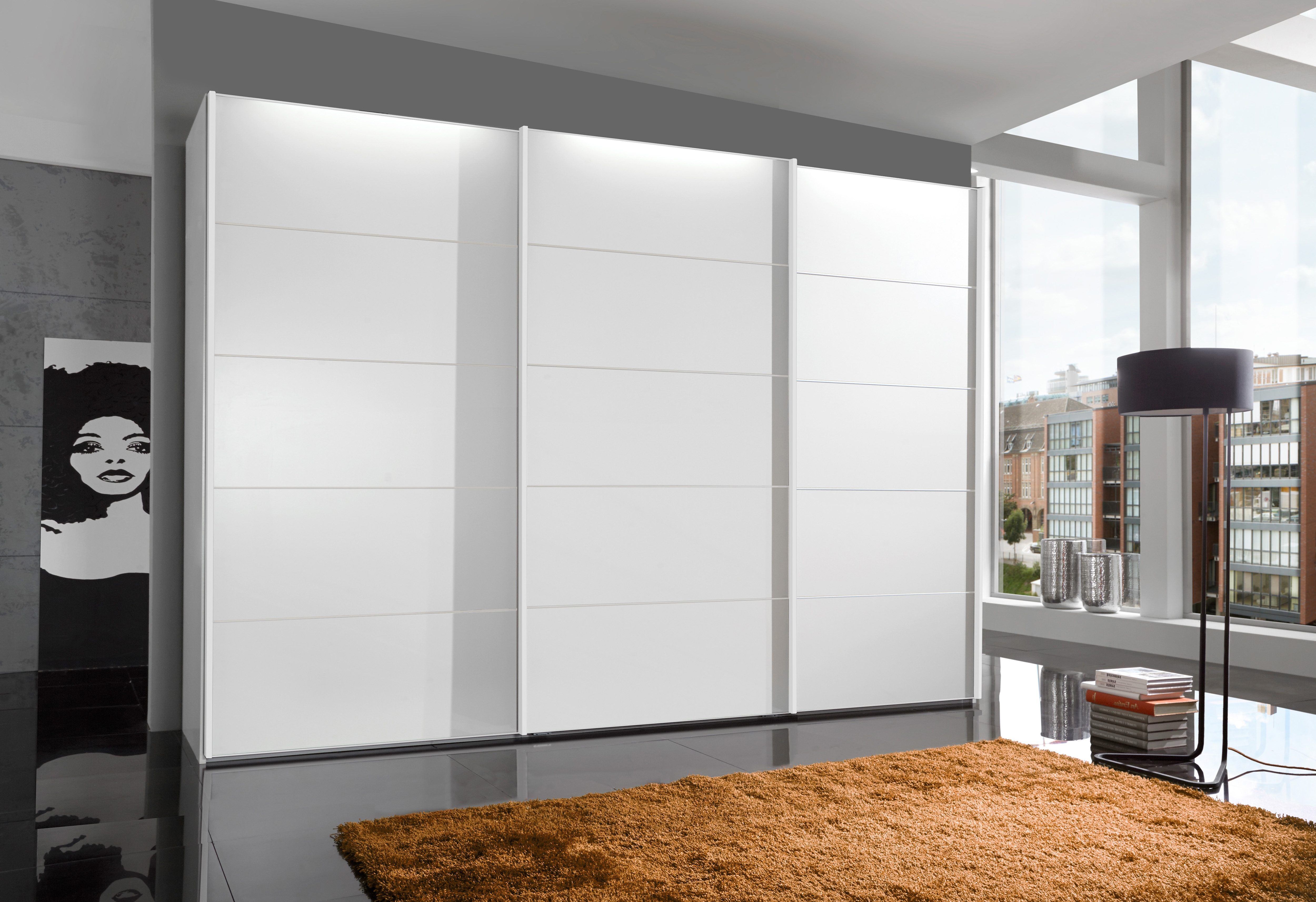 Schwebetürenschrank WIEMANN "Westside", weiss (weiß), B:250cm H:216cm T:67cm, Schränke, Schwebetürenschrank weiß B/H/T: 250cm x 216cm x 67cm, Türen: 3 Stk. Dekorfront