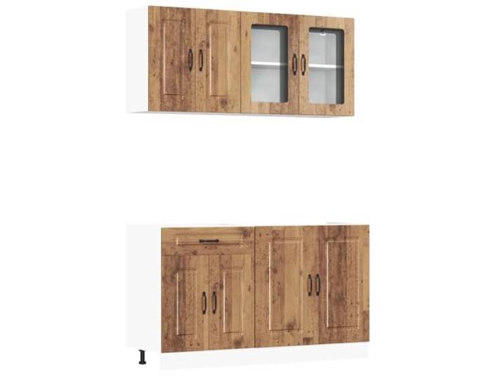 HKTMGDNG Küchenzeile 4-teilig Küchenschrank Set Altholz-Optik Kalmar Flexibler Stauraum für die Küche: Modulset mit verstellbaren Füßen, Vitrinentür und pflegeleichter Oberfläche in Holz-Optik.