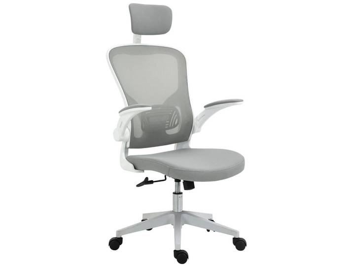 Vinsetto Bürostuhl ergonomischer Shreibtischstuhl mit Wippfunktion Kopfstütze Grau, Textil, 64x122x65 cm, Büromöbel, Bürostühle, Drehstuhl