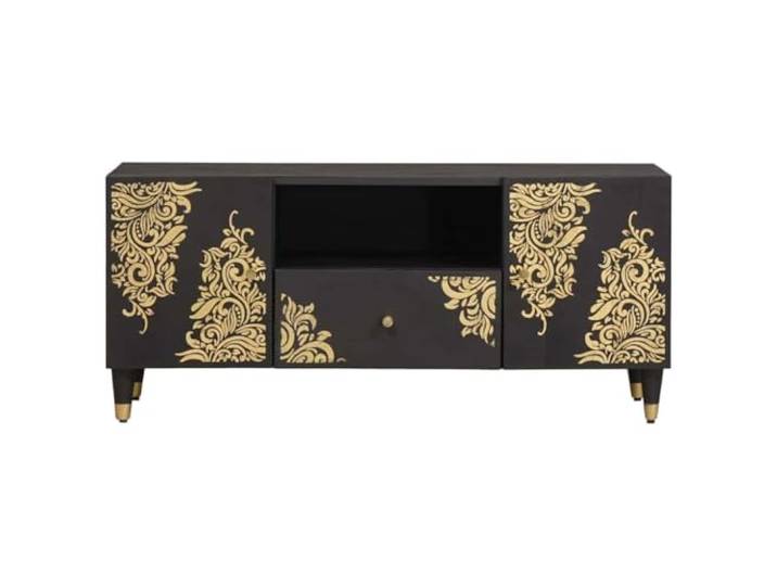KTHLBRH TV-Schrank Schwarz 105 x 33 x 46 cm Mangoholz massiv Design Goldprägung, Messingknöpfe, 2 Türen, Schublade, Regal, modernes Wohnzimmer
