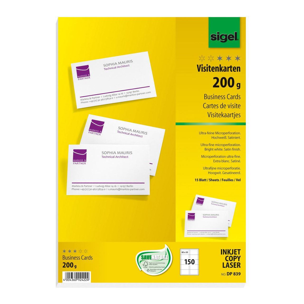 SIGEL 150 Visitenkarten DP839 satiniert weiß 200 g/qm