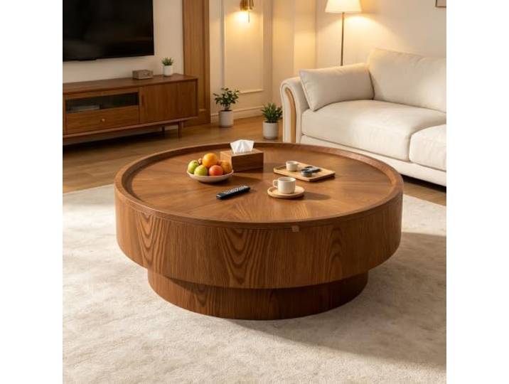LOVEHOUGES Runder Couchtisch mit versteckter Aufbewahrung Moderner Trommel-Mitteltisch, stabile Basis, einfache Montage, für Wohnzimmer, Wohnung, Heimbüro