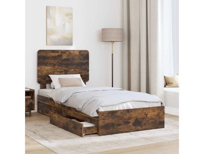 KTHLBRH Bettkasten Eiche Rauchgrau 100 x 200 cm Mehrschichtiges Holz, mit Kopfteil, integrierter Schublade, einfache Montage