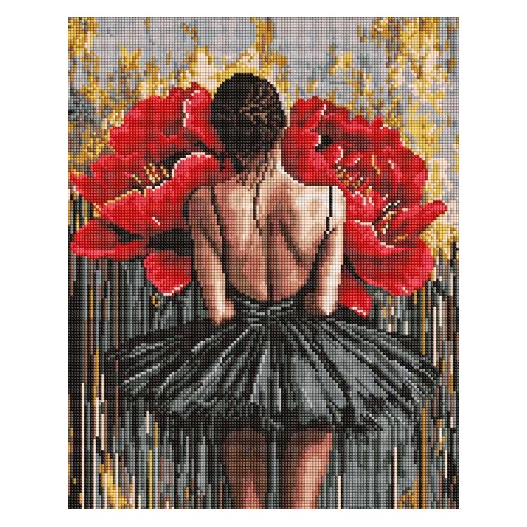 Ideyka Diamond Painting ohne Rahmen - Ballerina mit roten Pfingstrosen 40 x 50 cm (AMC20167)