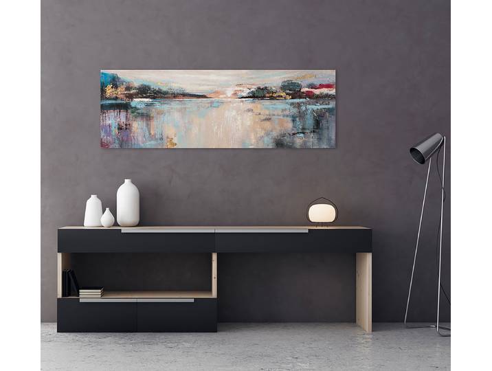 Leinwandbild Abstrakter Seeblick Mischgewebe Blau/Gold/Grau 55 x 150 x 3cm