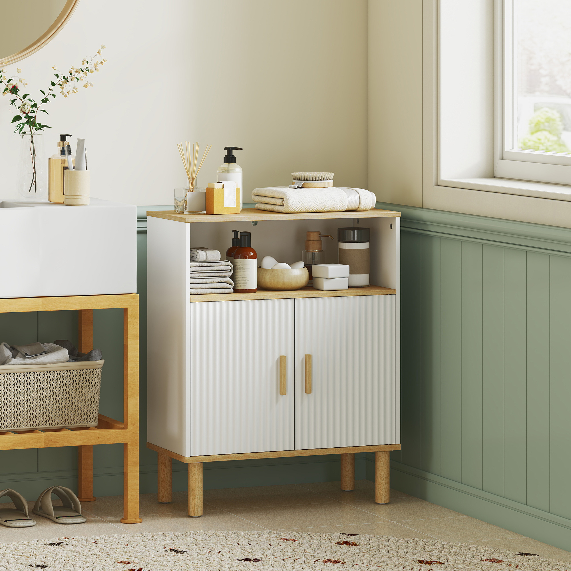 Homcom Mobile Bagno Autoportante con Ripiano Regolabile, Bianco e Legno Naturale   Aosom Italy