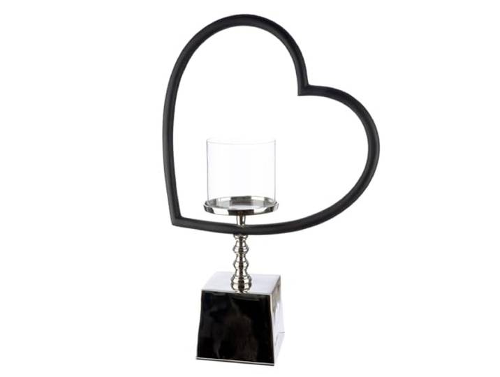 GILDE Windlicht Te Quiero - Herzform - Aluminium und Glas - glänzend vernickelt - schwarz/silberfarben - Höhe 49cm x Breite 33cm