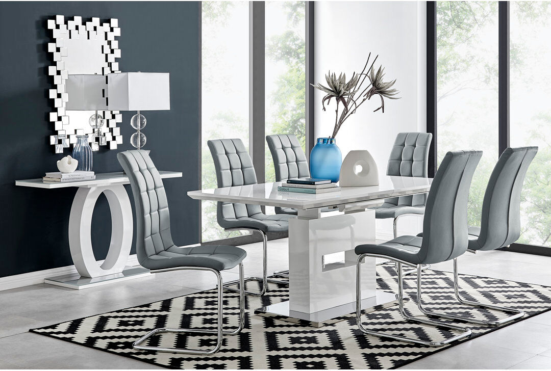 Canora Grey Alezzo Modern High Gloss Extendable Dining Table Set with 6 Modern FauxLeather Dining Chairs Grey 6