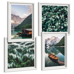 BILDER SET 4er Set - 50x50 cm & 40x60 cm Weißer Rahmen - Nebel auf dem Bergsee, Bootsfahrten, Nebel