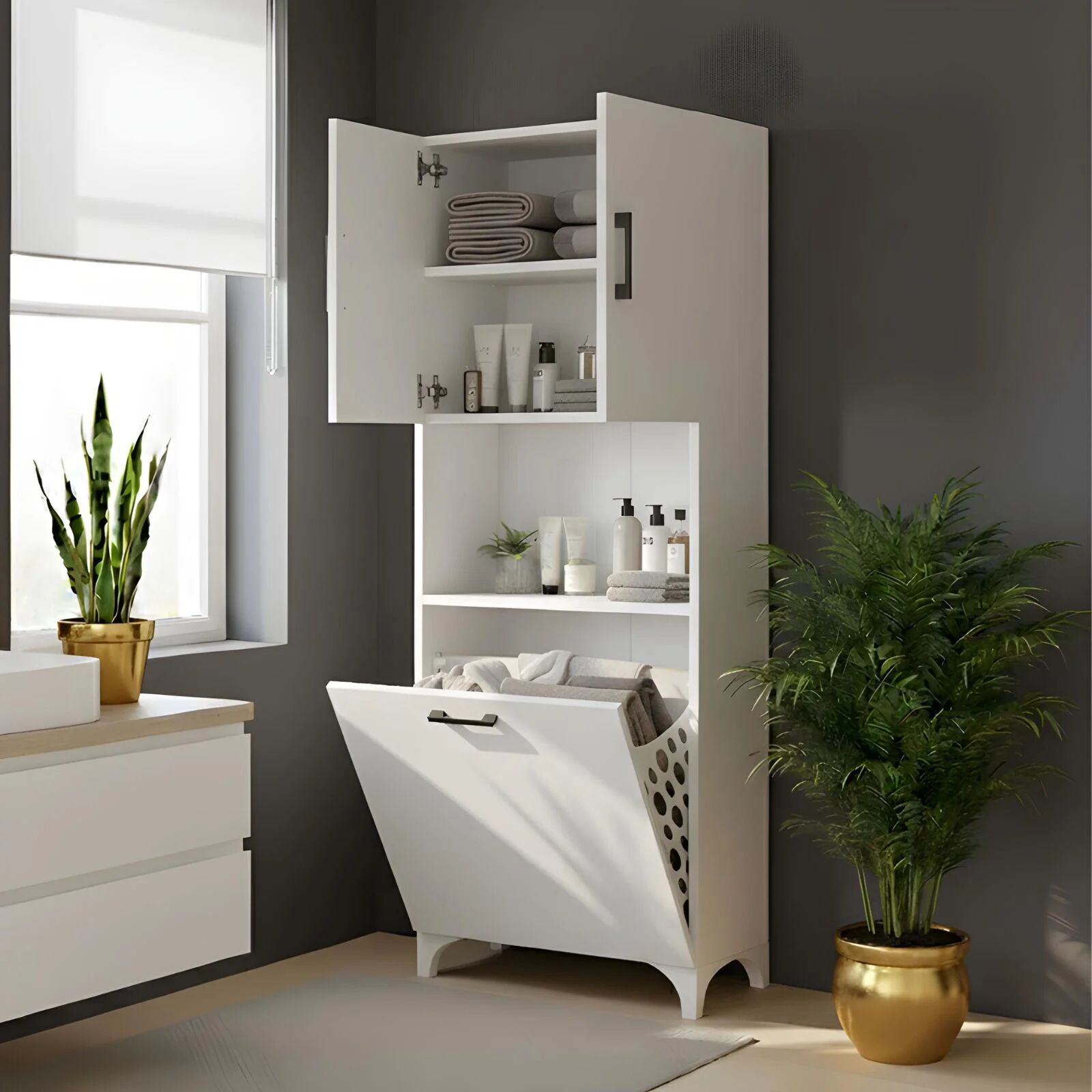 garneroarredamenti Armadio lavanderia 60x154h cm con cesto porta biancheria 2 ante e vano a giorno bianco Klara