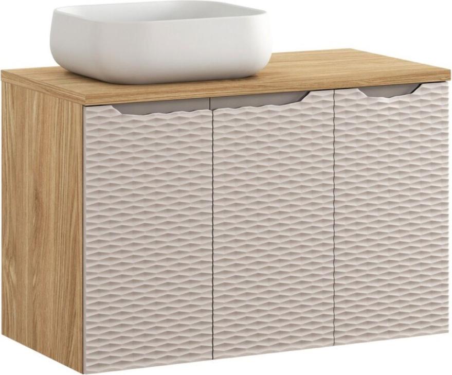 Badezimmer-Set YOKA beige: Unterschrank 90 cm + Platte für Waschbecken + Waschbecken