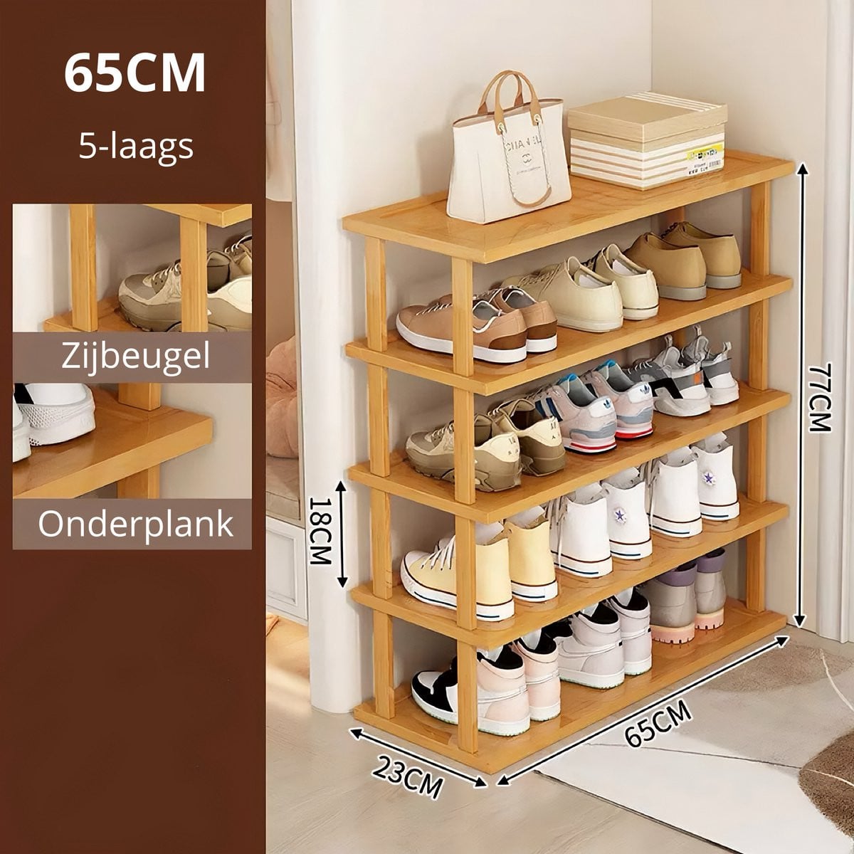 5-laags bamboe schoenenrek voor de hal, slaapkamer of badkamer, Lengte: 65 cm