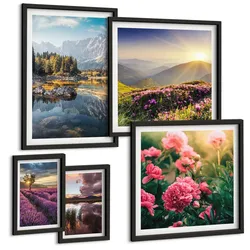 BILDER SET 5er Set - 50x50 cm & 20x30 cm & 40x60 cm Schwarzer Rahmen - Blumengarten, Bergwiese, Wasser
