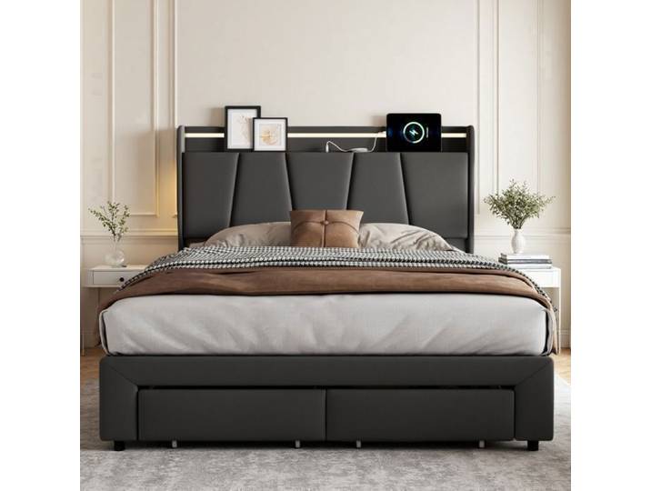Lit double 160x200 cm - structure de lit - RWUDV - LED - USB - 2 tiroirs - sommier - Lin gris