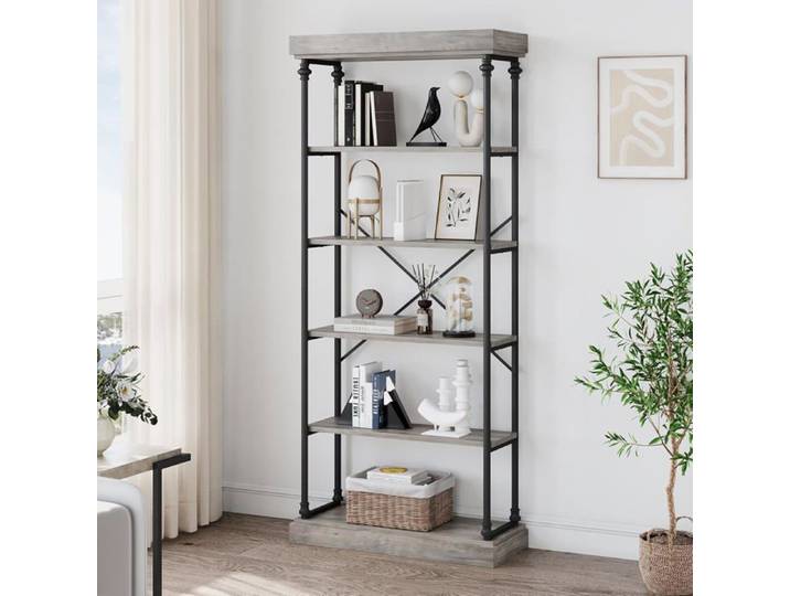 Bibliothèque Industrielle En Bois Étagère Étagère De Rangement À 6 Niveaux Étagères Hautes Rustiques Sur Pied - Gris