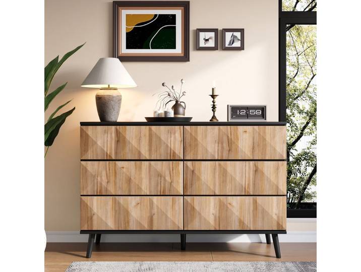 Buffet - Design Moderne - Noir et Bois - Six Tiroirs - Poignées Cachées