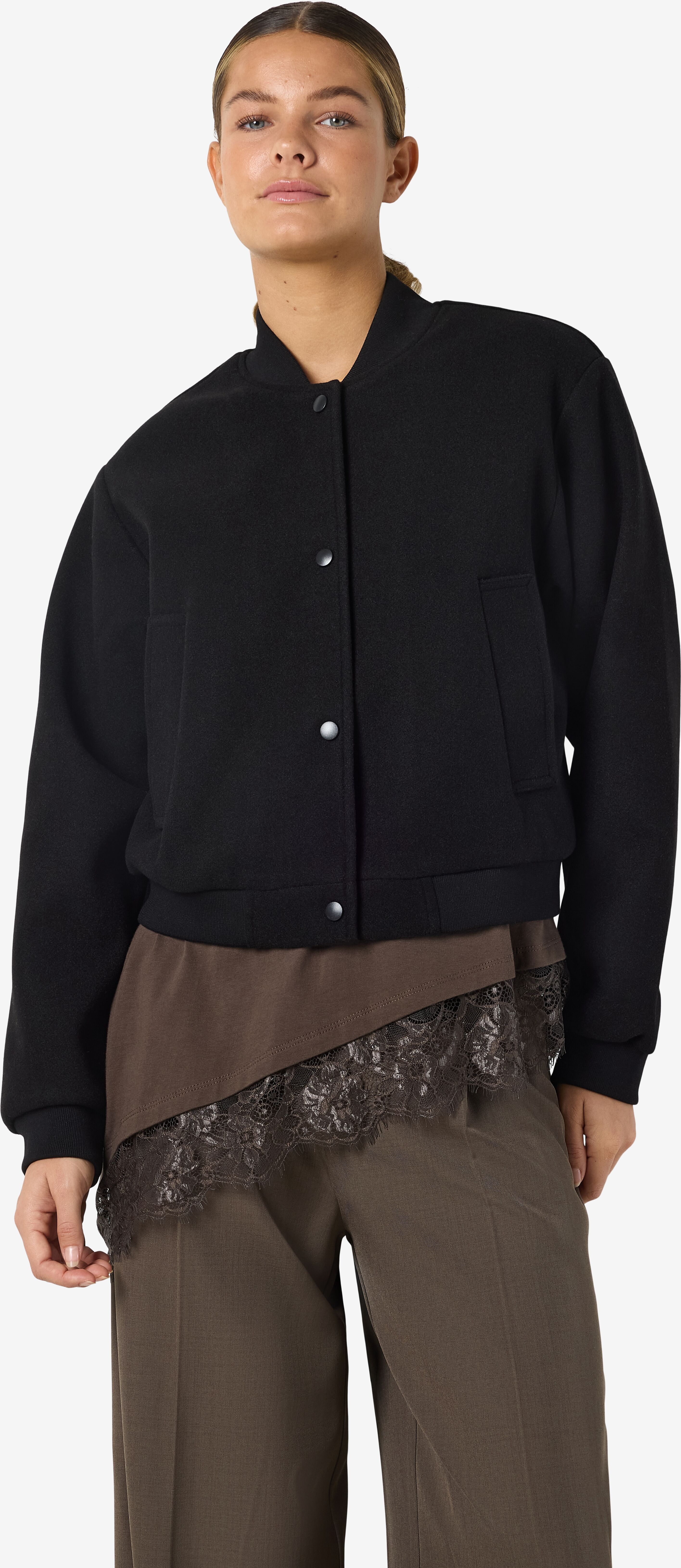 Langjacke NOISY MAY "NMEDDI L/S BOMBER JACKET FWD NOOS", Damen, Gr. S, schwarz, Web, Obermaterial: 100% Polyester, unifarben, regular fit normal, Jacken Langjacke schwarz S