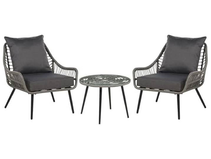 Beliani Balkonset 3-teilig Rattan 2 Stühle mit rundem Couchtisch Auflagen grau Laureto