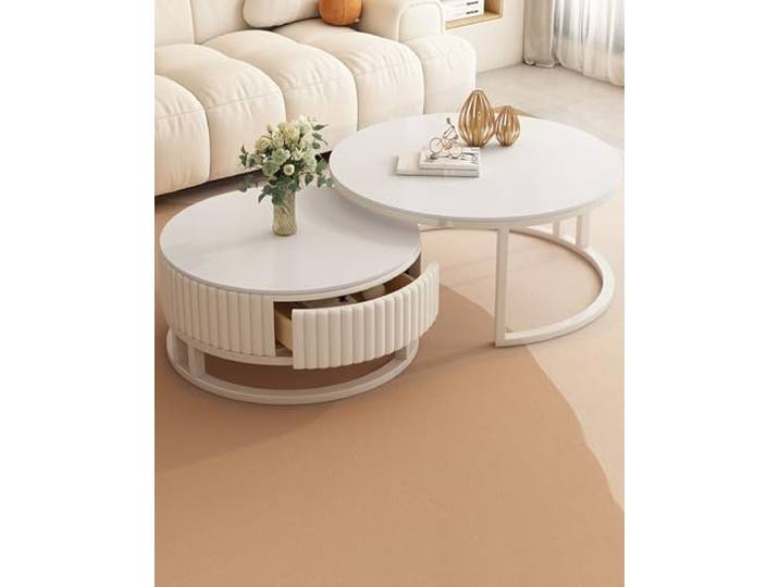 JPQTRYDRIS Rund Couchtisch 2er Set Rund Couchtisch Weiß Sofatisch Mit Schublade, Runder Nested Beistelltisch Kaffeetisch Für Wohnzimmer Schlafzimmer