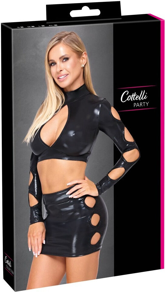 Cottelli PARTY Ensemble Top et mini-jupe en wetlook noir LD-1023