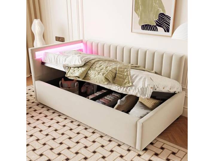 okwish Schlafsofa Einzelbett 90x200 cm Bett, Jugendbett Tagesbett Hydraulisch Stauraumbett Funktionsbett mit LED Kopfteil, Daybett Gepolstertes Bettgestell mit Lattenrost, Samt Beige, ohne Matratze