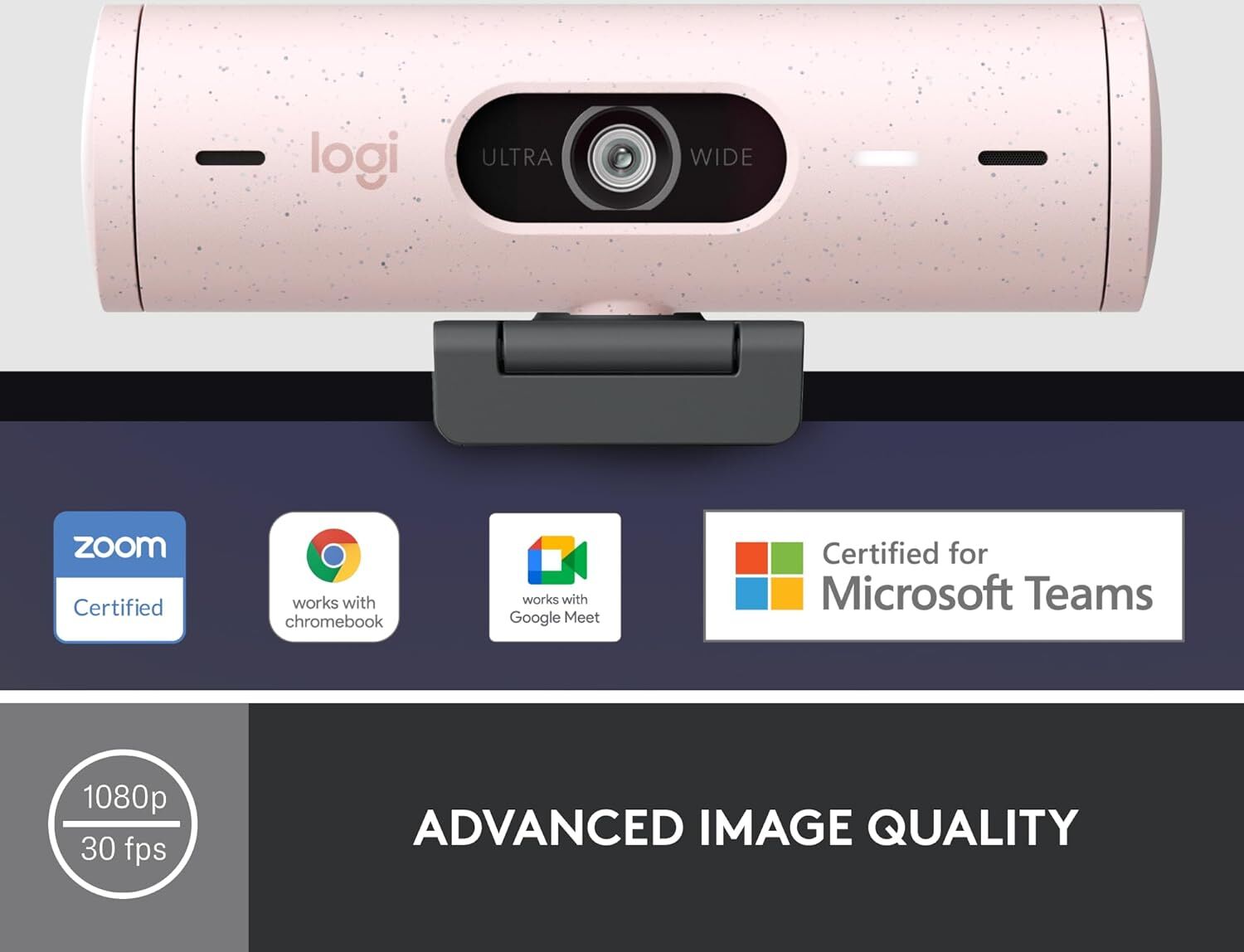 Logitech Brio 500 Full HD Webcam – Auto Light Correction, Dual Mics, Privacy Cover, USB-C, Pink
