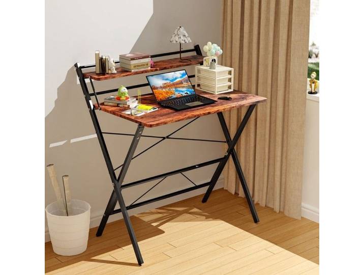Table de Bureau Pliante 80×50×74 5cm - Bureau d'Ordinateur avec Étagère à 2 Niveaux -Bureau à Écriture pour Travailler