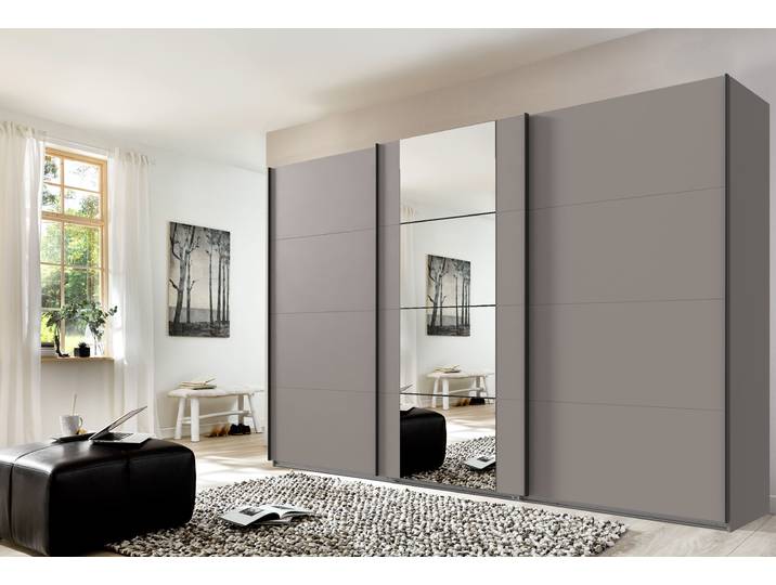 Schwebetürenschrank WIMEX Bern Schiebetürenschrank , schwarz (saharagrau, griffe: schwarz), B:313cm H:210cm T:64cm, Holzwerkstoff, Schränke, Schwebetürenschrank, Schrank mit zusätzlicher Innenausstattung, Garderobe