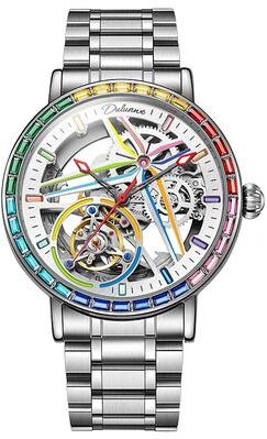 Fashion Sheath Rainbow Colored Gemstone Tourbillon Skeleton Automatic Mechanical Watch For Men steel Silver White